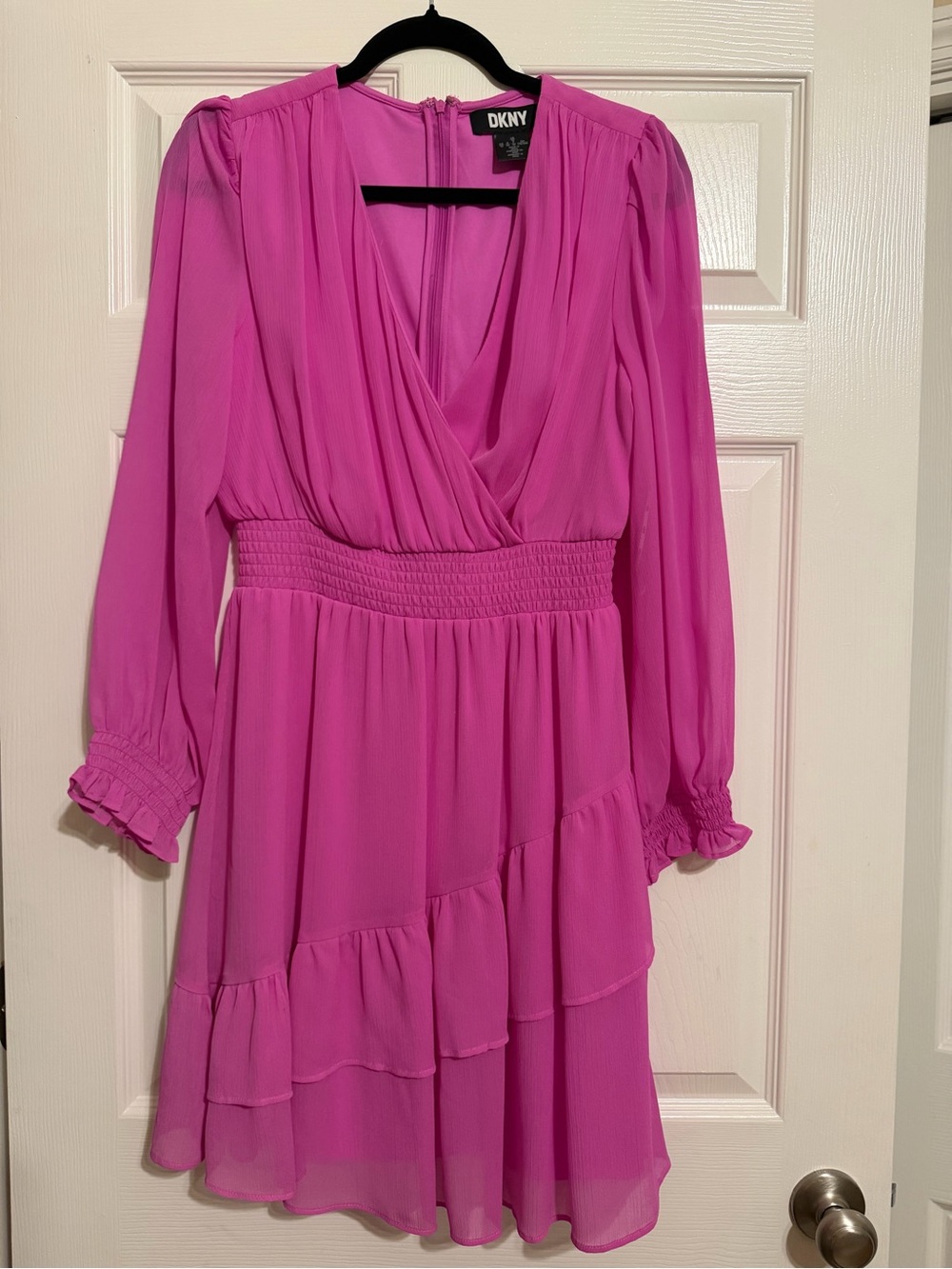 DKNY Fuchsia Long-Sleeve Ruffle Wrap Dress